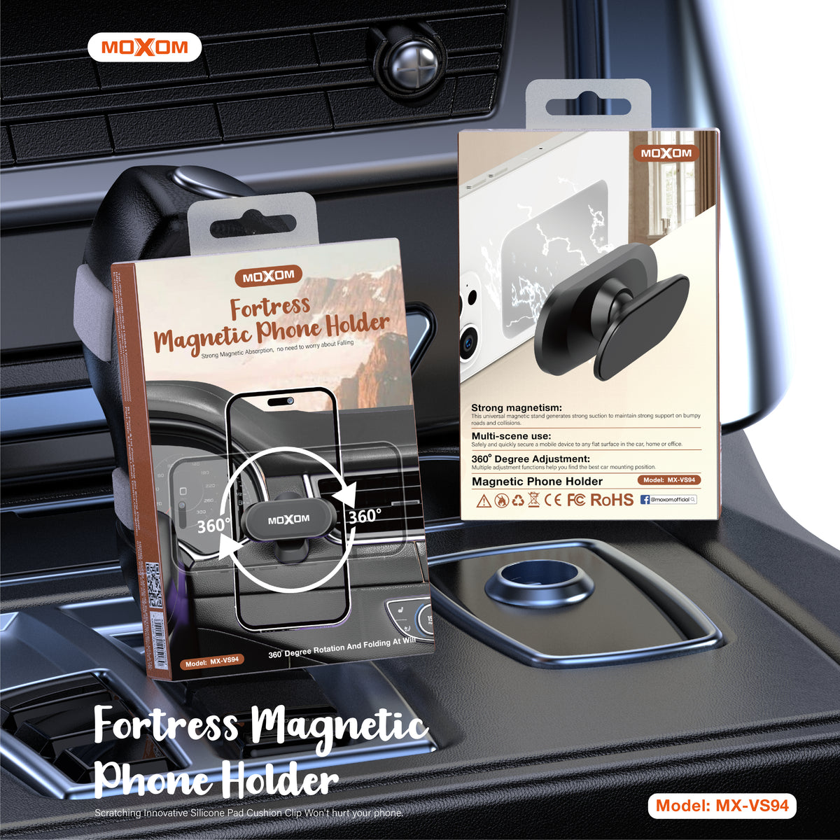 MOXOM MX-VS94 Fortress Mini Magnetic Phone Holder – 4-Magnet Array, Ultra-Compact 21g, Metal Plate Included