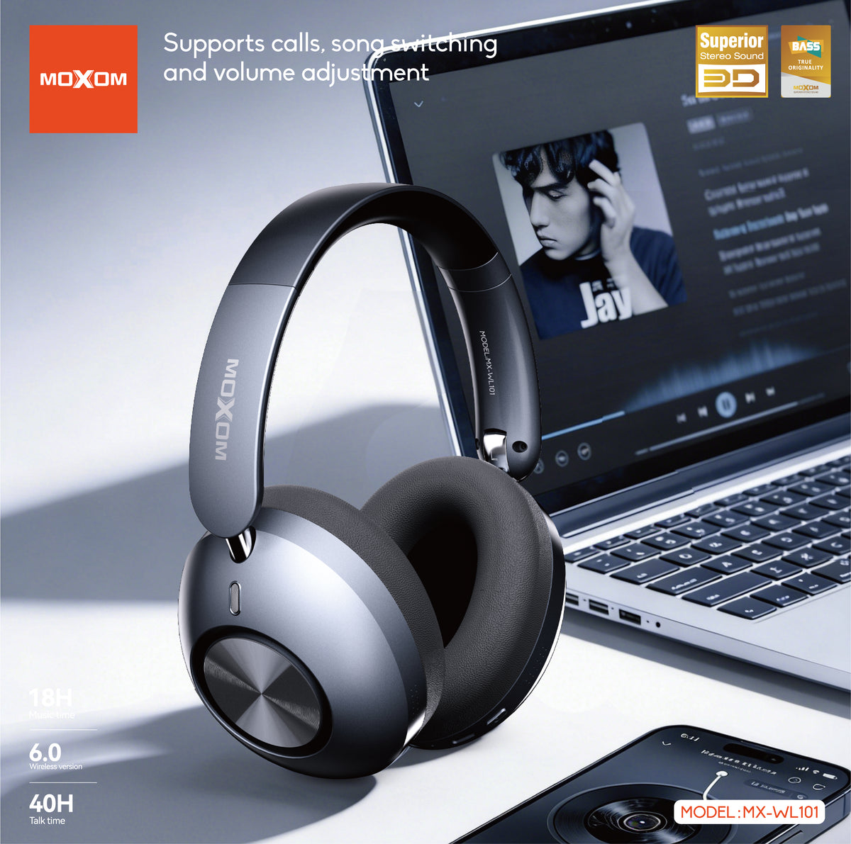 MOXOM MX-WL101 Foldable Wireless Headphones – HiFi Stereo 40mm Drivers, Bluetooth 6.0, 18H Music