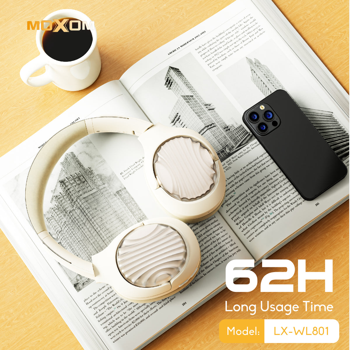 MOXOM LX-WL801 ANC Over-Ear Headphones – Active Noise Cancellation + ENC Calls, Bluetooth 5.4, Black/Beige/Blue