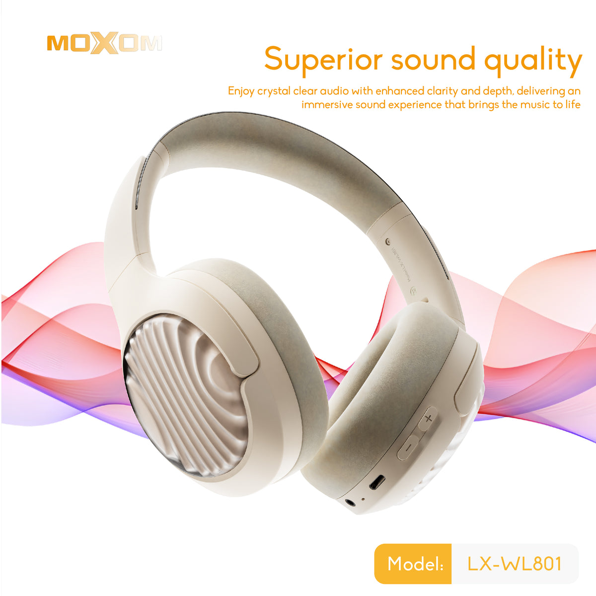 MOXOM LX-WL801 ANC Over-Ear Headphones – Active Noise Cancellation + ENC Calls, Bluetooth 5.4, Black/Beige/Blue