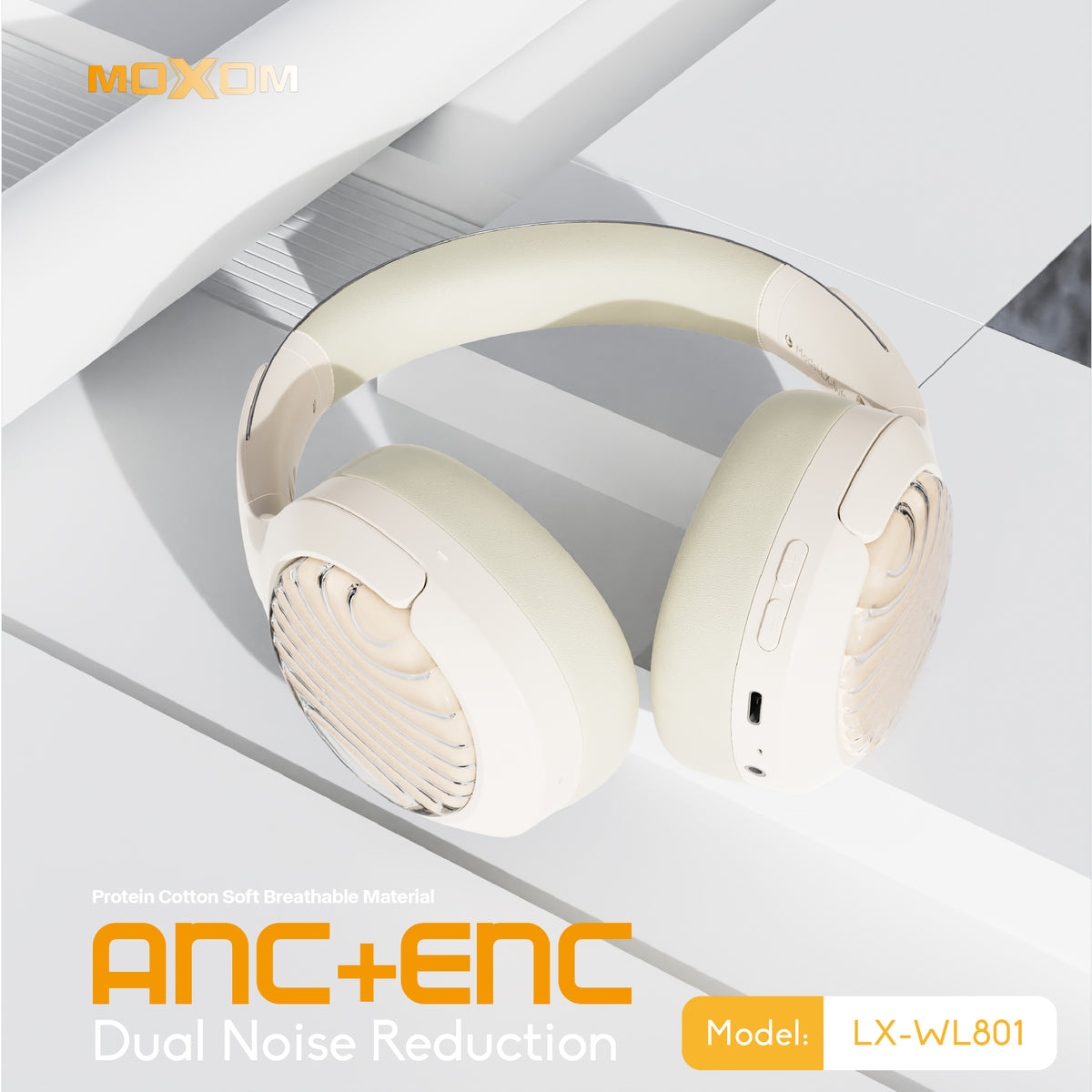 MOXOM LX-WL801 ANC Over-Ear Headphones – Active Noise Cancellation + ENC Calls, Bluetooth 5.4, Black/Beige/Blue