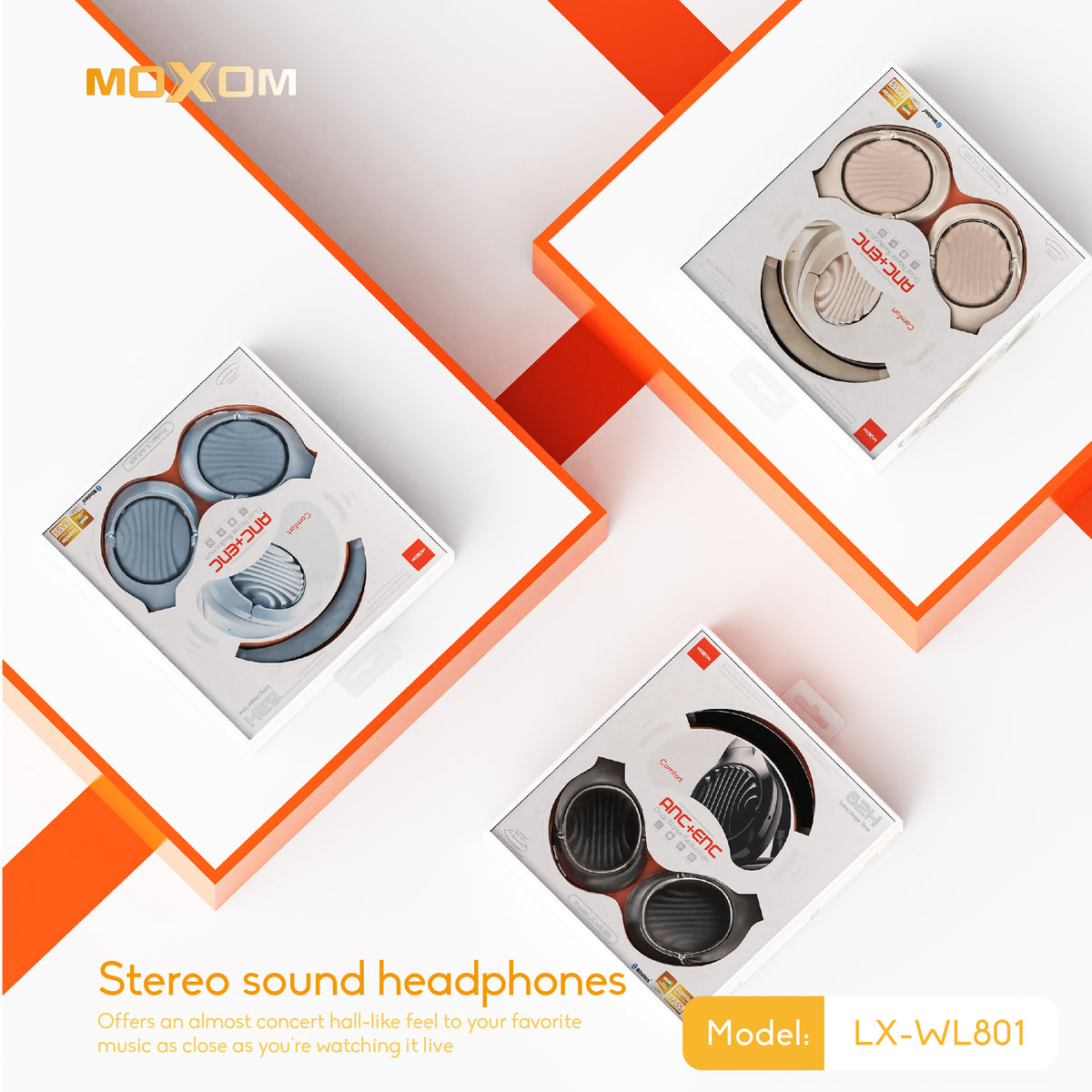 MOXOM LX-WL801 ANC Over-Ear Headphones – Active Noise Cancellation + ENC Calls, Bluetooth 5.4, Black/Beige/Blue