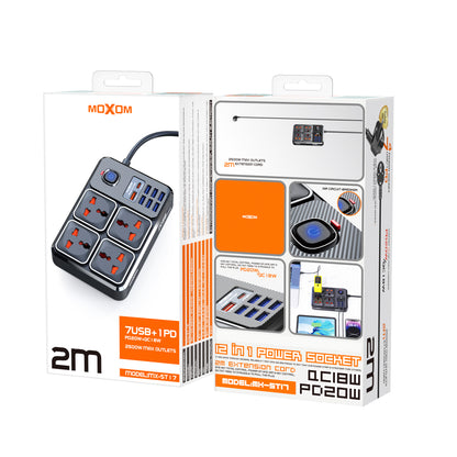 MOXOM MX-ST17 12-in-1 Power Strip – 4 AC Sockets + 7 USB + 20W PD USB-C, Surge Protected, 2m Cord