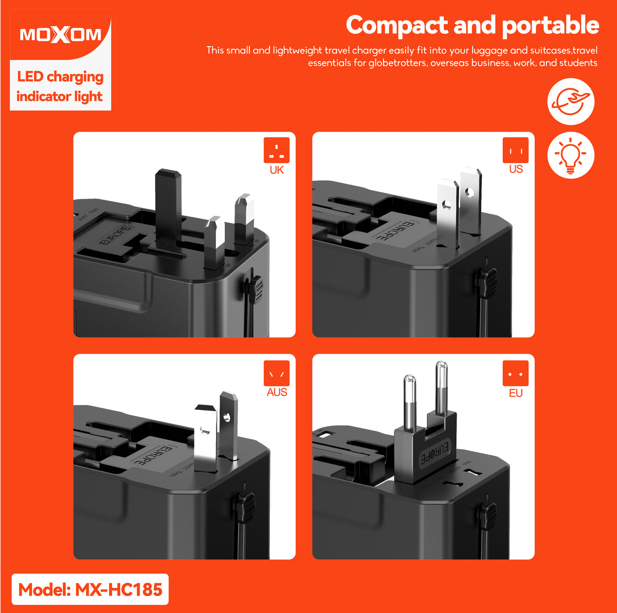 Universal Travel Adapter Charger AC Plug Moxom MX-HC185