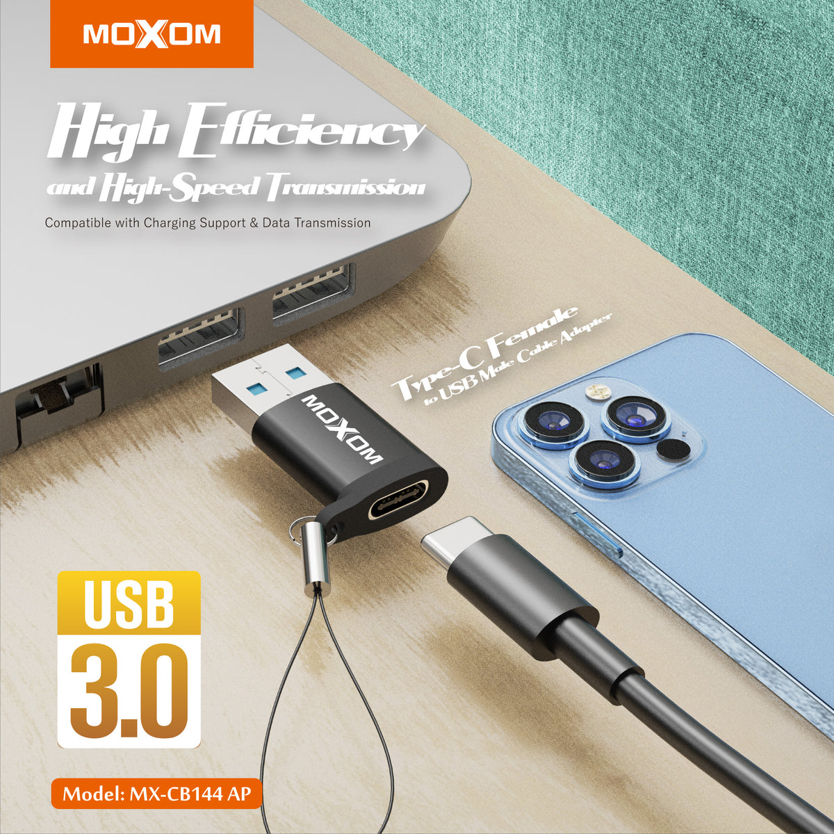 MOXOM MX-CB144AP USB-C Female to USB-A Male Adapter - Fast Charging