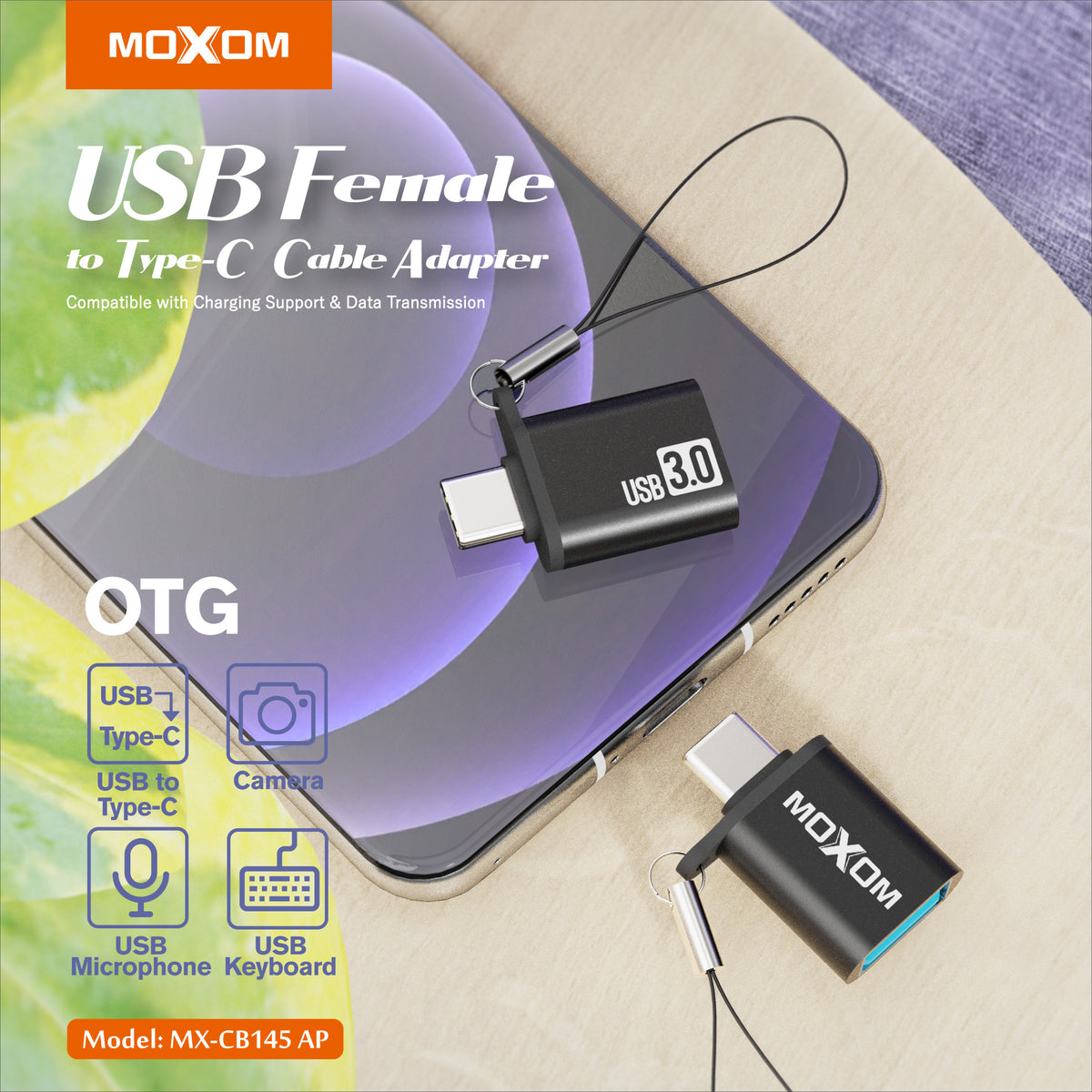 Moxom MX-CB145 USB Female to Type-C Male Adapter - USB 3.0, Lanyard