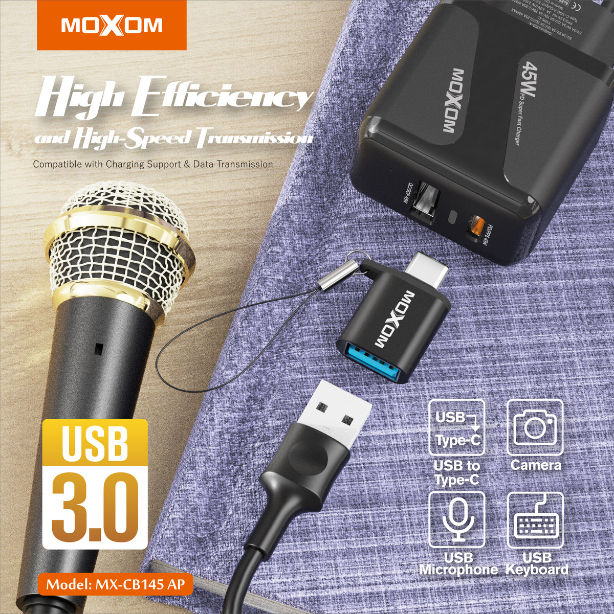 Moxom MX-CB145 USB Female to Type-C Male Adapter - USB 3.0, Lanyard