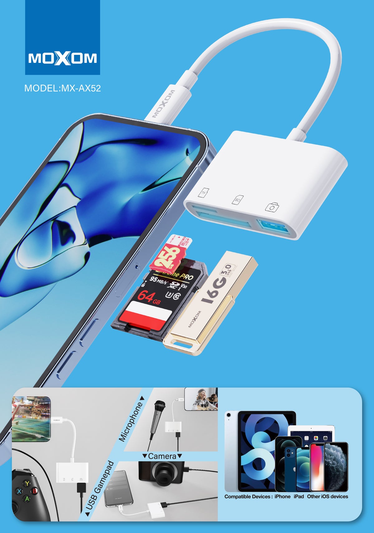 MOXOM MX-AX52 OTG 3 in 1 to lightning USB