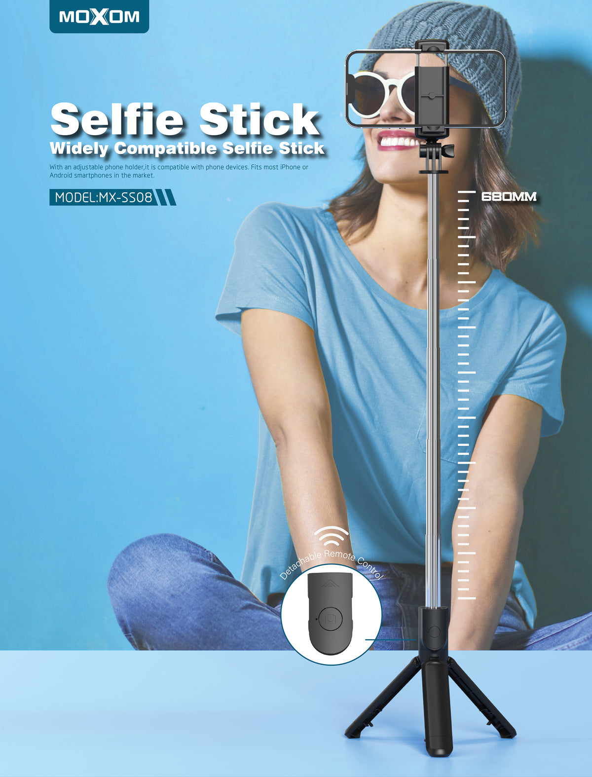 Moxom MX-SS08 3-in-1 Selfie Stick with Bluetooth Remote & Tripod