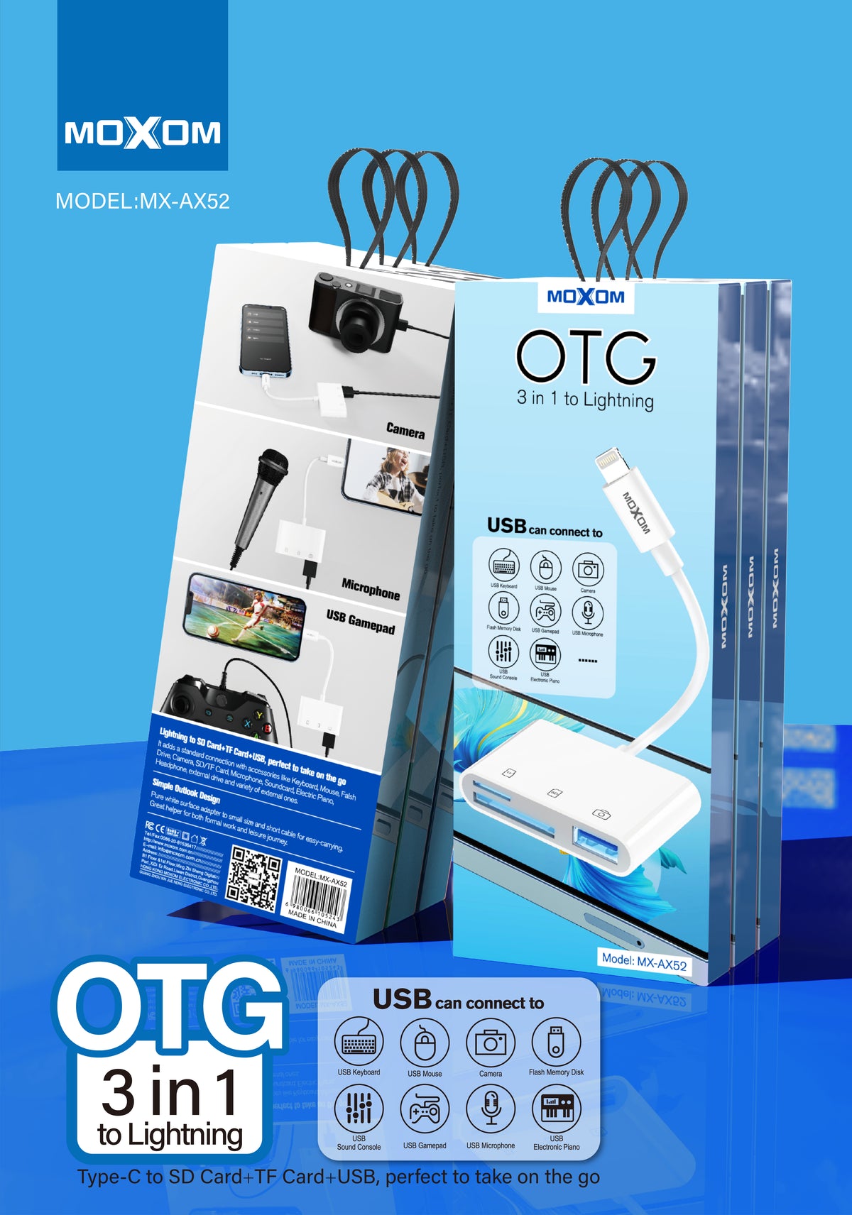 MOXOM MX-AX52 OTG 3 in 1 to lightning USB