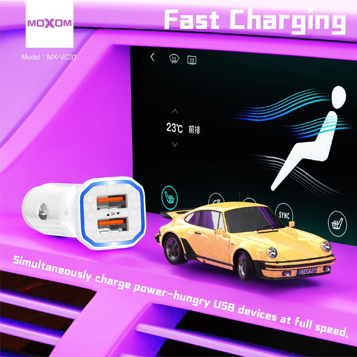 Moxom MX-VC31 3A Dual USB Car Charger with Type-C Cable