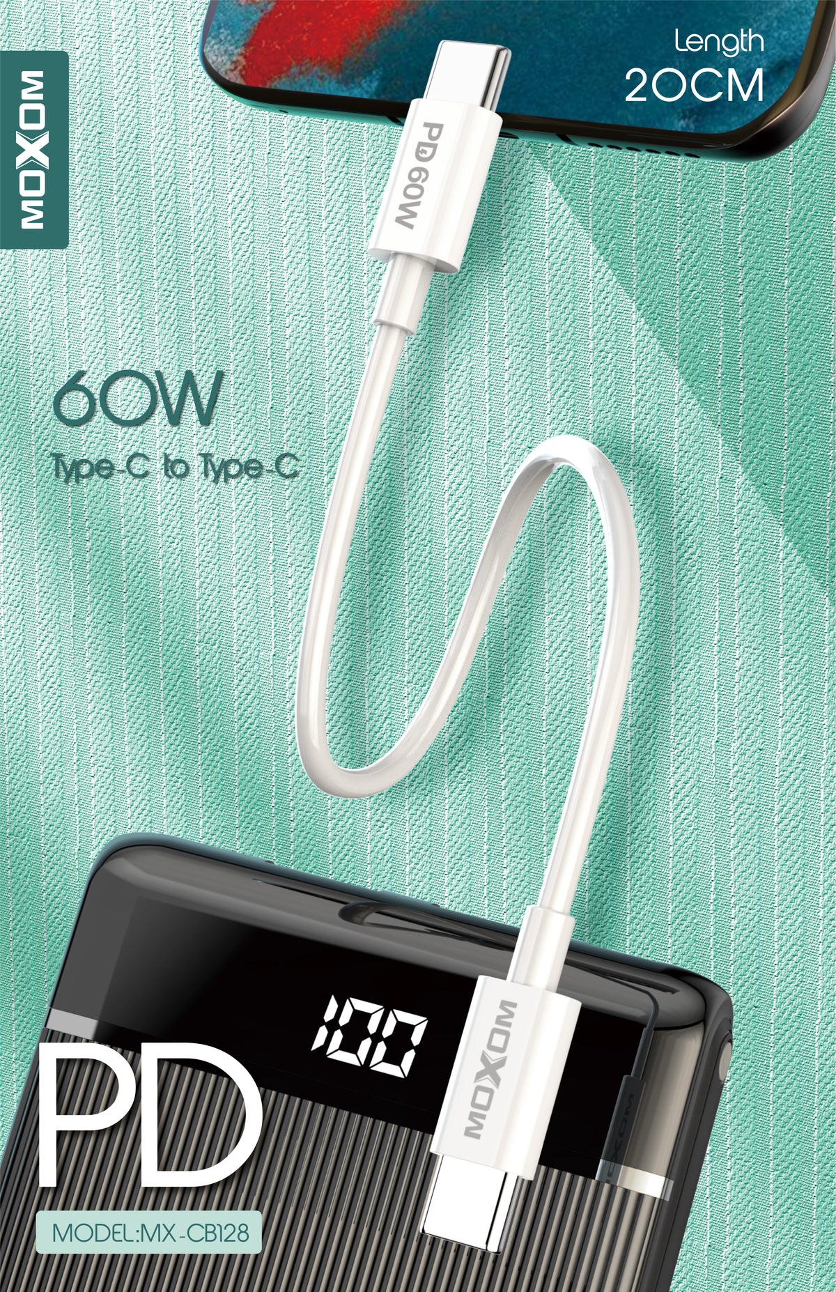 MOXOM Fast Charge Type-C to Type-C Cable 0.3m | 2.4A | MX-CB128 - White