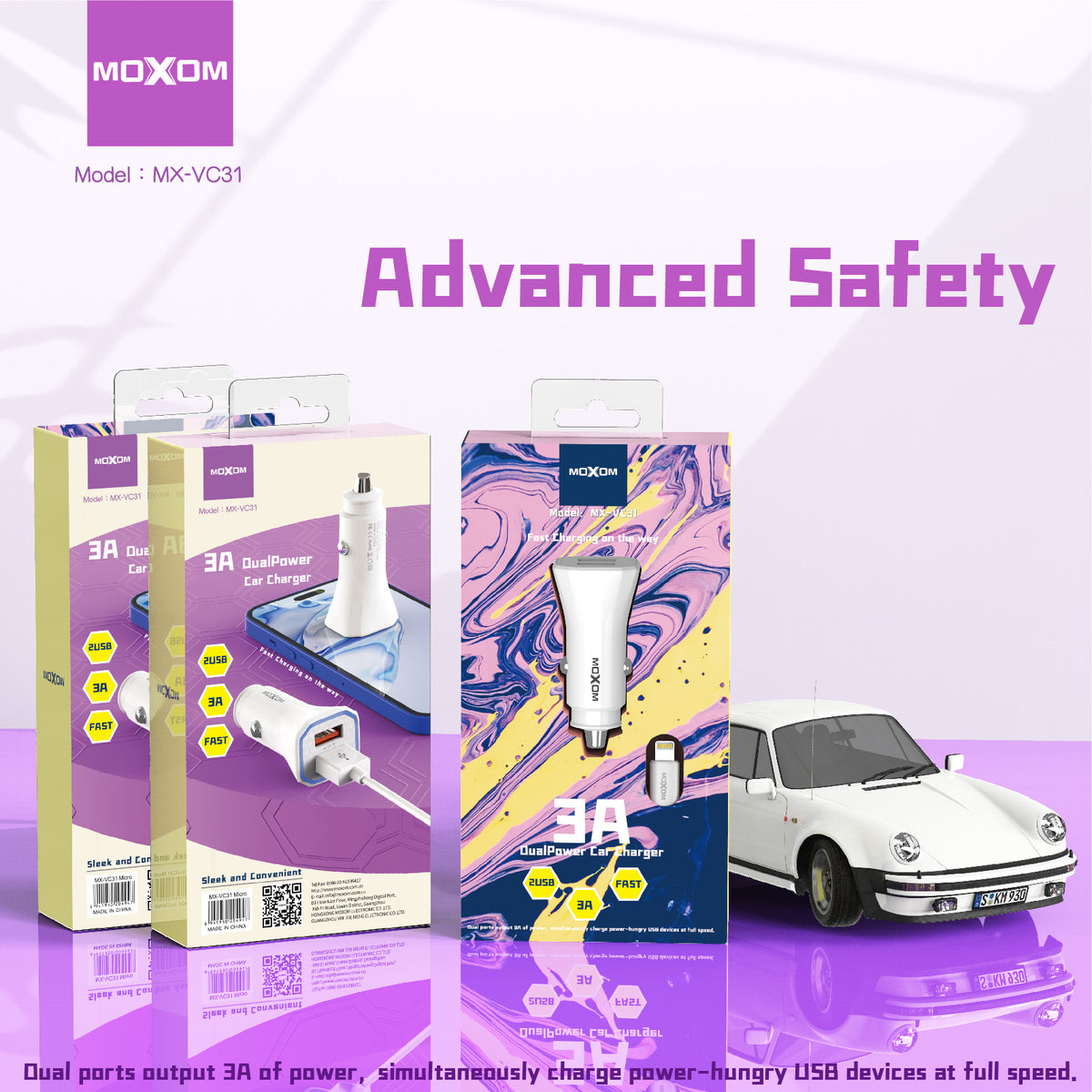 Moxom MX-VC31 3A Dual USB Car Charger with Type-C Cable