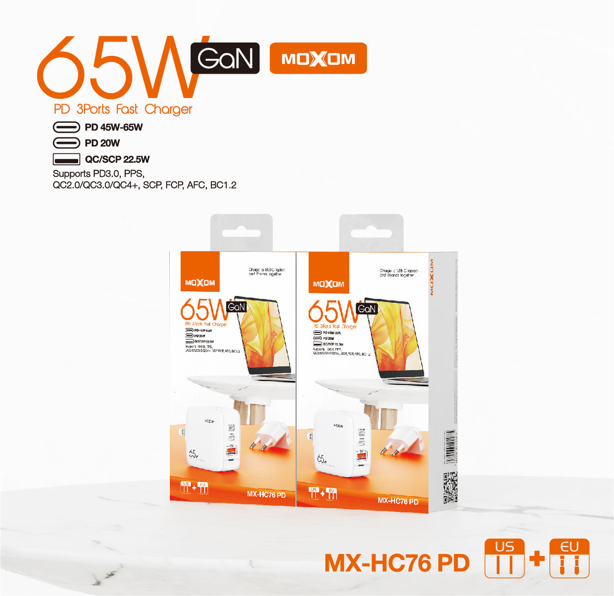 Moxom MX-HC76 PD 65W GaN Fast Charger Triple Port