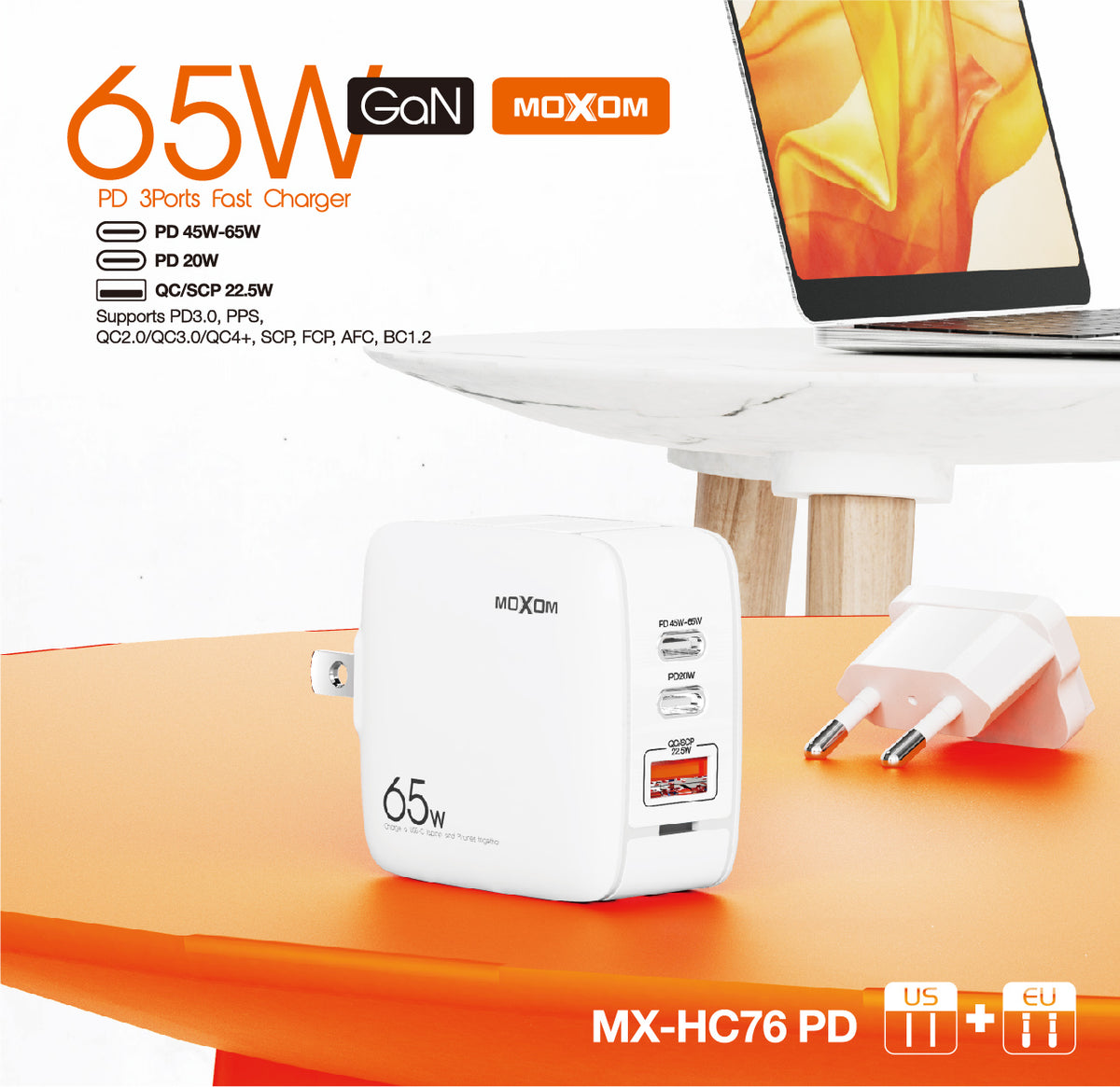 Moxom MX-HC76 PD 65W GaN Fast Charger Triple Port
