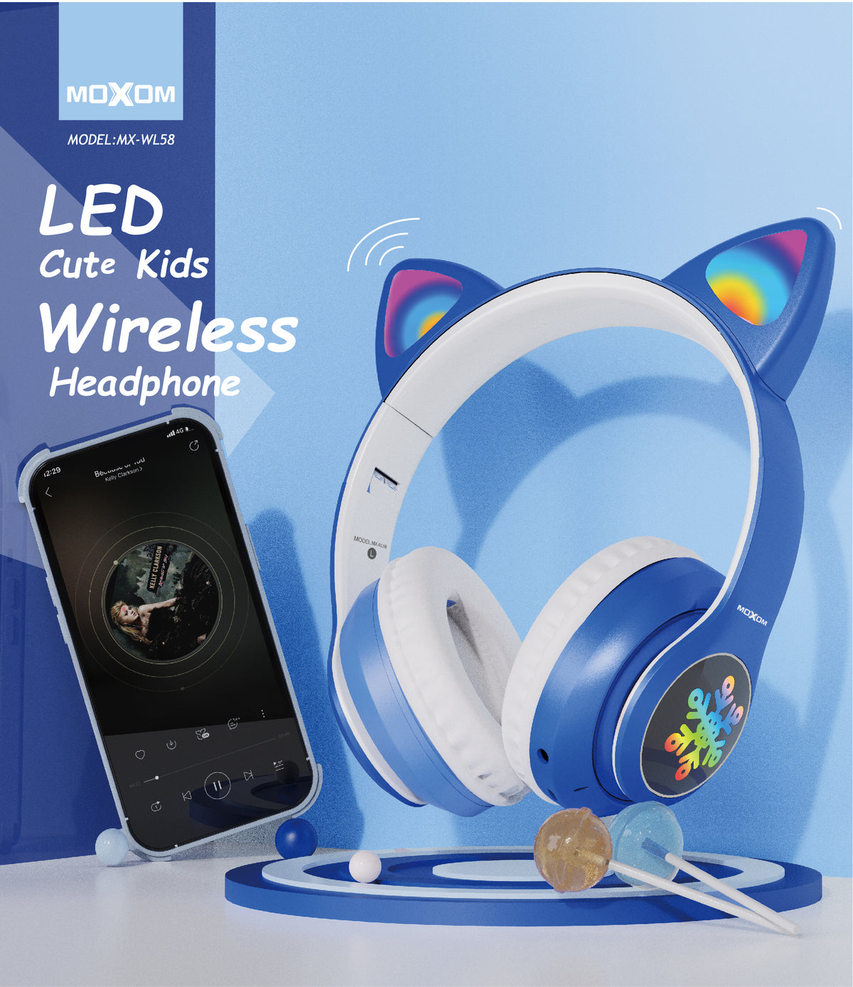 Moxom MX-WL58 Wireless Bluetooth 5.3 Headphones with LED Lights Pink