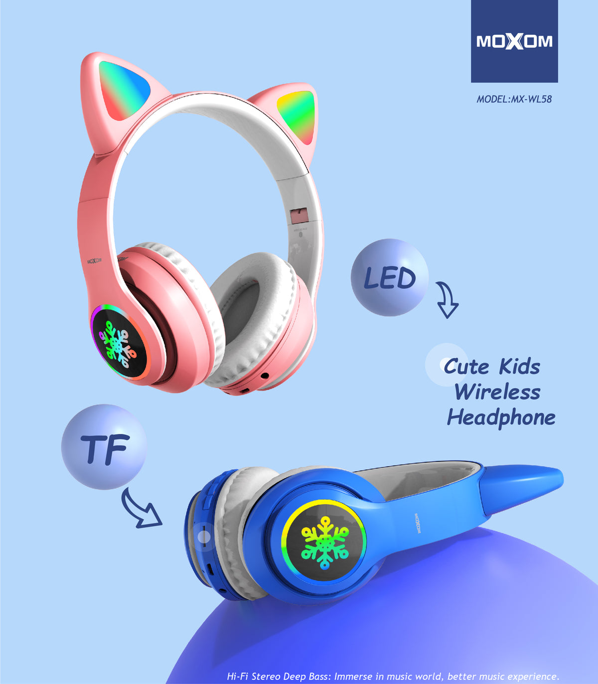 Moxom MX-WL58 Wireless Bluetooth 5.3 Headphones with LED Lights Pink