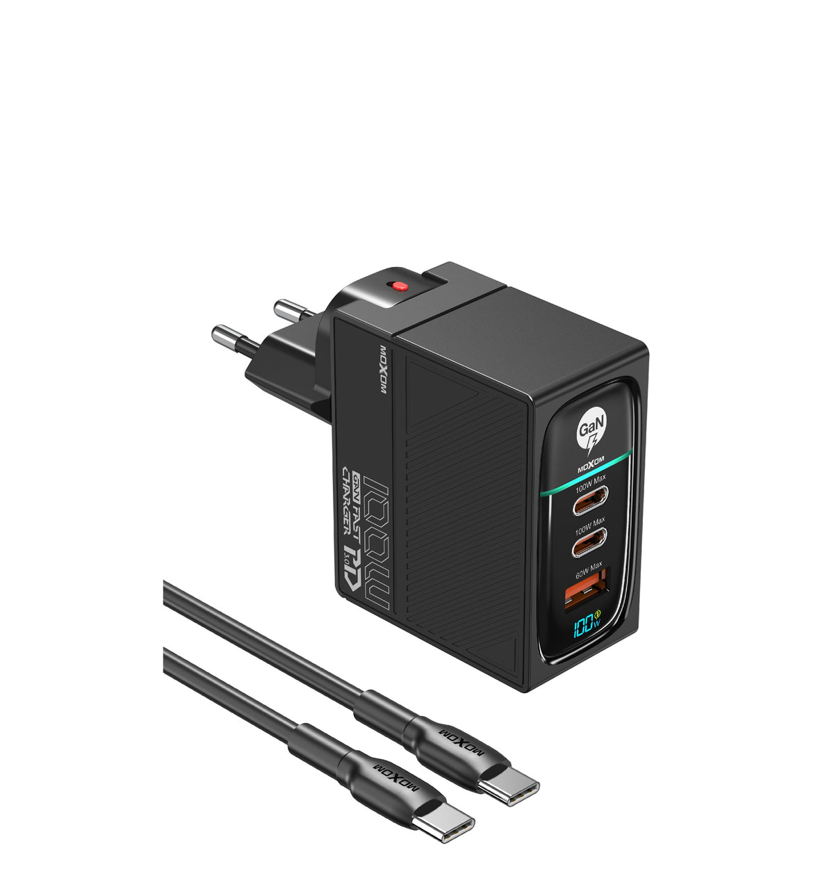 MOXOM LX-HC820 100W GaN Charger – 3 Ports, PD 3.0, Charges Laptop + 2 Devices, Type-C Cable Included