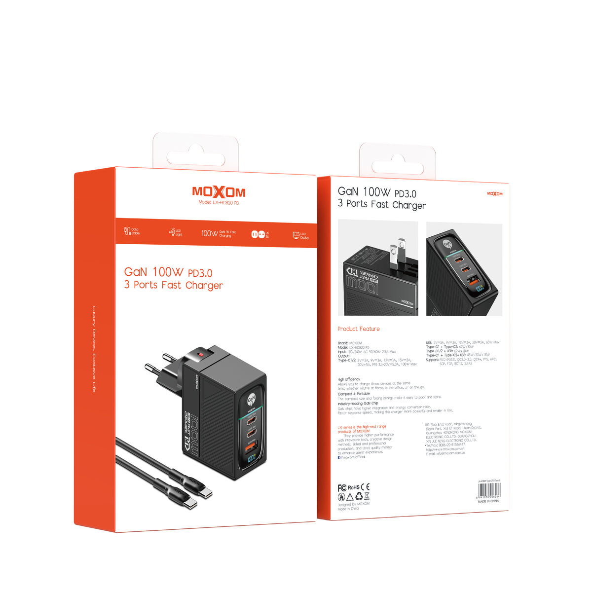MOXOM LX-HC820 100W GaN Charger – 3 Ports, PD 3.0, Charges Laptop + 2 Devices, Type-C Cable Included
