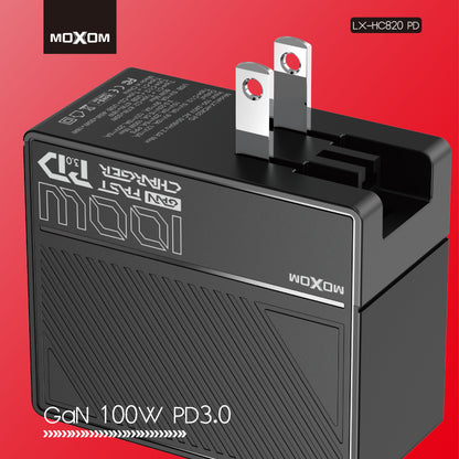MOXOM LX-HC820 100W GaN Charger – 3 Ports, PD 3.0, Charges Laptop + 2 Devices, Type-C Cable Included