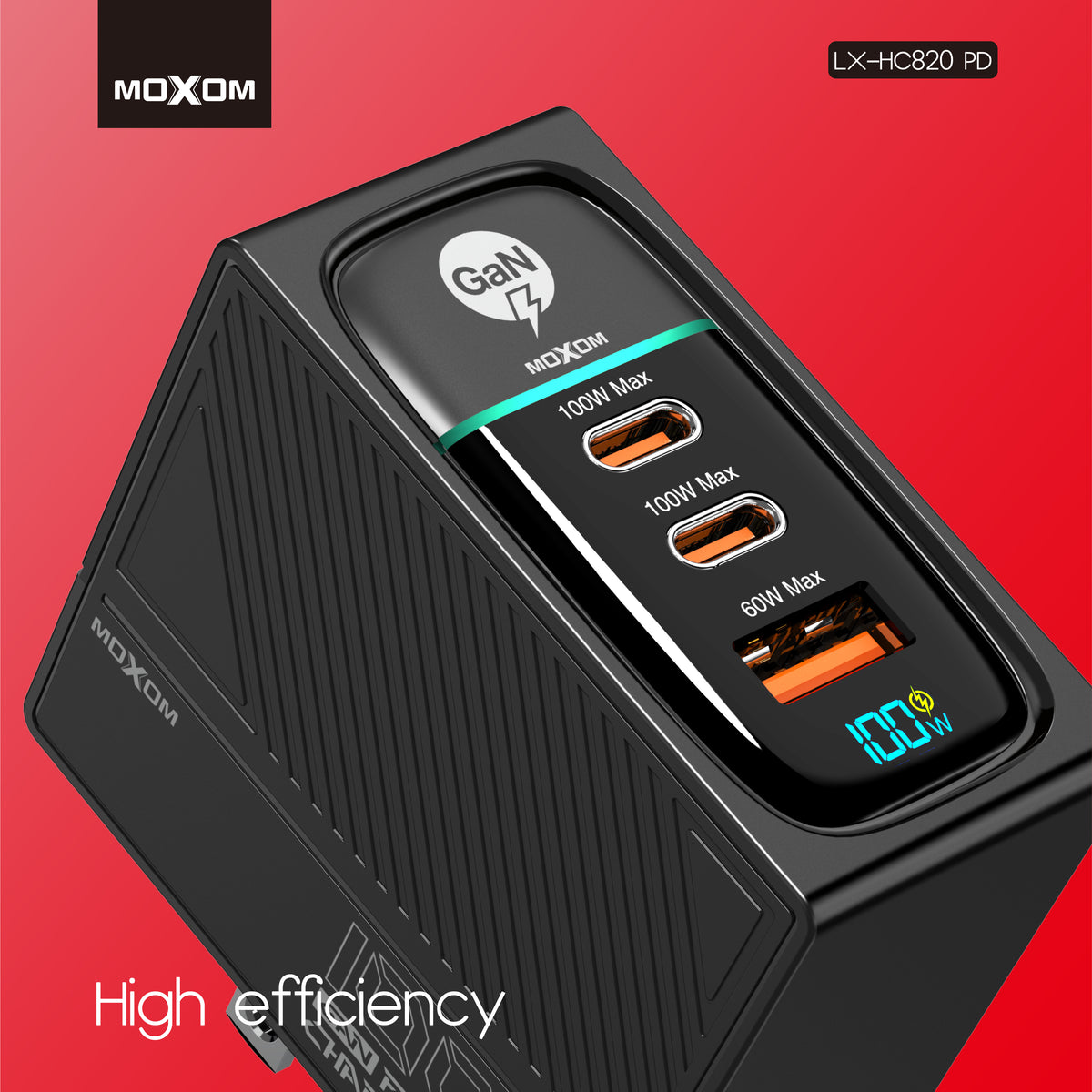 MOXOM LX-HC820 100W GaN Charger – 3 Ports, PD 3.0, Charges Laptop + 2 Devices, Type-C Cable Included