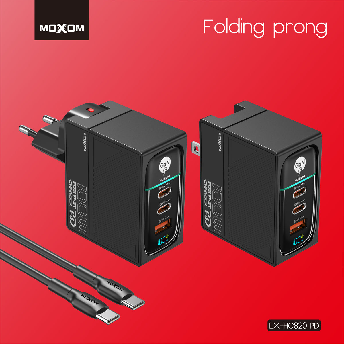 MOXOM LX-HC820 100W GaN Charger – 3 Ports, PD 3.0, Charges Laptop + 2 Devices, Type-C Cable Included