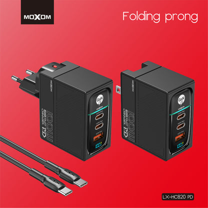 MOXOM LX-HC820 100W GaN Charger – 3 Ports, PD 3.0, Charges Laptop + 2 Devices, Type-C Cable Included