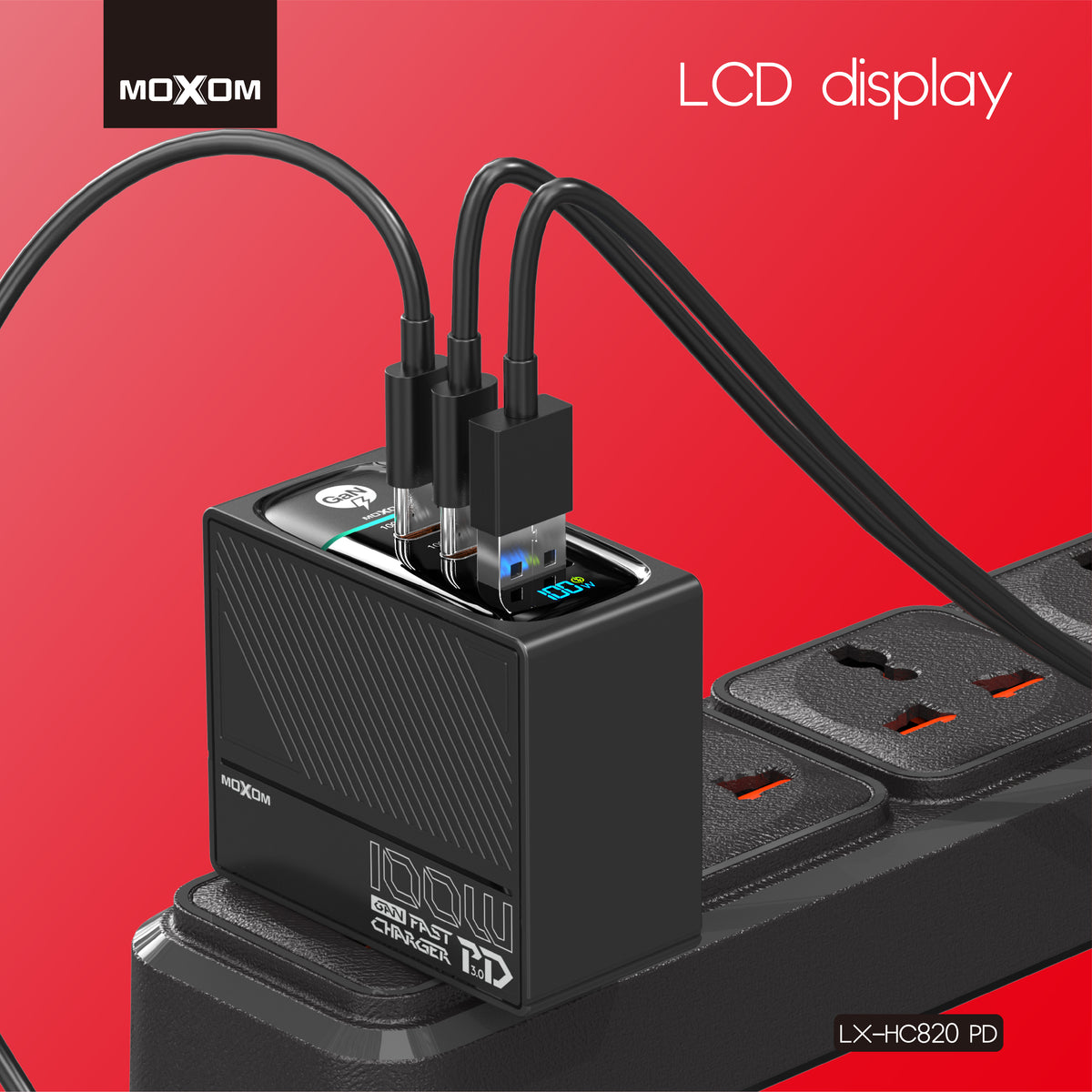 MOXOM LX-HC820 100W GaN Charger – 3 Ports, PD 3.0, Charges Laptop + 2 Devices, Type-C Cable Included