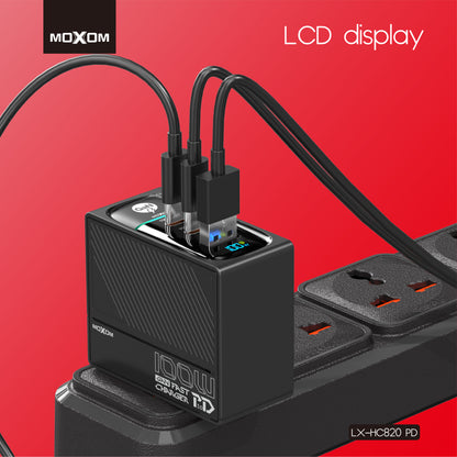 MOXOM LX-HC820 100W GaN Charger – 3 Ports, PD 3.0, Charges Laptop + 2 Devices, Type-C Cable Included