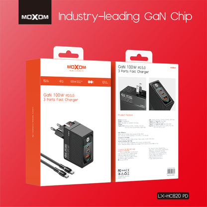 MOXOM LX-HC820 100W GaN Charger – 3 Ports, PD 3.0, Charges Laptop + 2 Devices, Type-C Cable Included