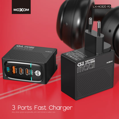 MOXOM LX-HC820 100W GaN Charger – 3 Ports, PD 3.0, Charges Laptop + 2 Devices, Type-C Cable Included