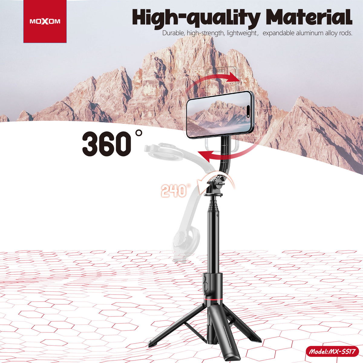 MOXOM MX-SS17 Magnetic Selfie Stick Tripod – 104cm, 360° Clip, Detachable Remote, Pocket-Size 180g