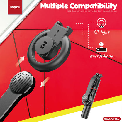 MOXOM MX-SS17 Magnetic Selfie Stick Tripod – 104cm, 360° Clip, Detachable Remote, Pocket-Size 180g
