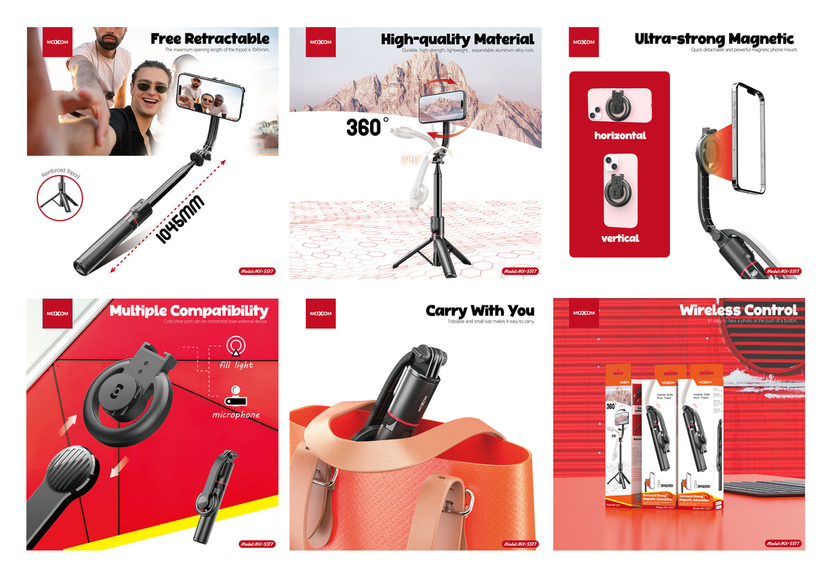 MOXOM MX-SS17 Magnetic Selfie Stick Tripod – 104cm, 360° Clip, Detachable Remote, Pocket-Size 180g
