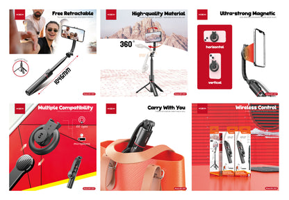 MOXOM MX-SS17 Magnetic Selfie Stick Tripod – 104cm, 360° Clip, Detachable Remote, Pocket-Size 180g