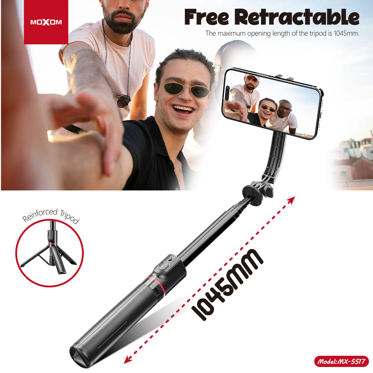 MOXOM MX-SS17 Magnetic Selfie Stick Tripod – 104cm, 360° Clip, Detachable Remote, Pocket-Size 180g