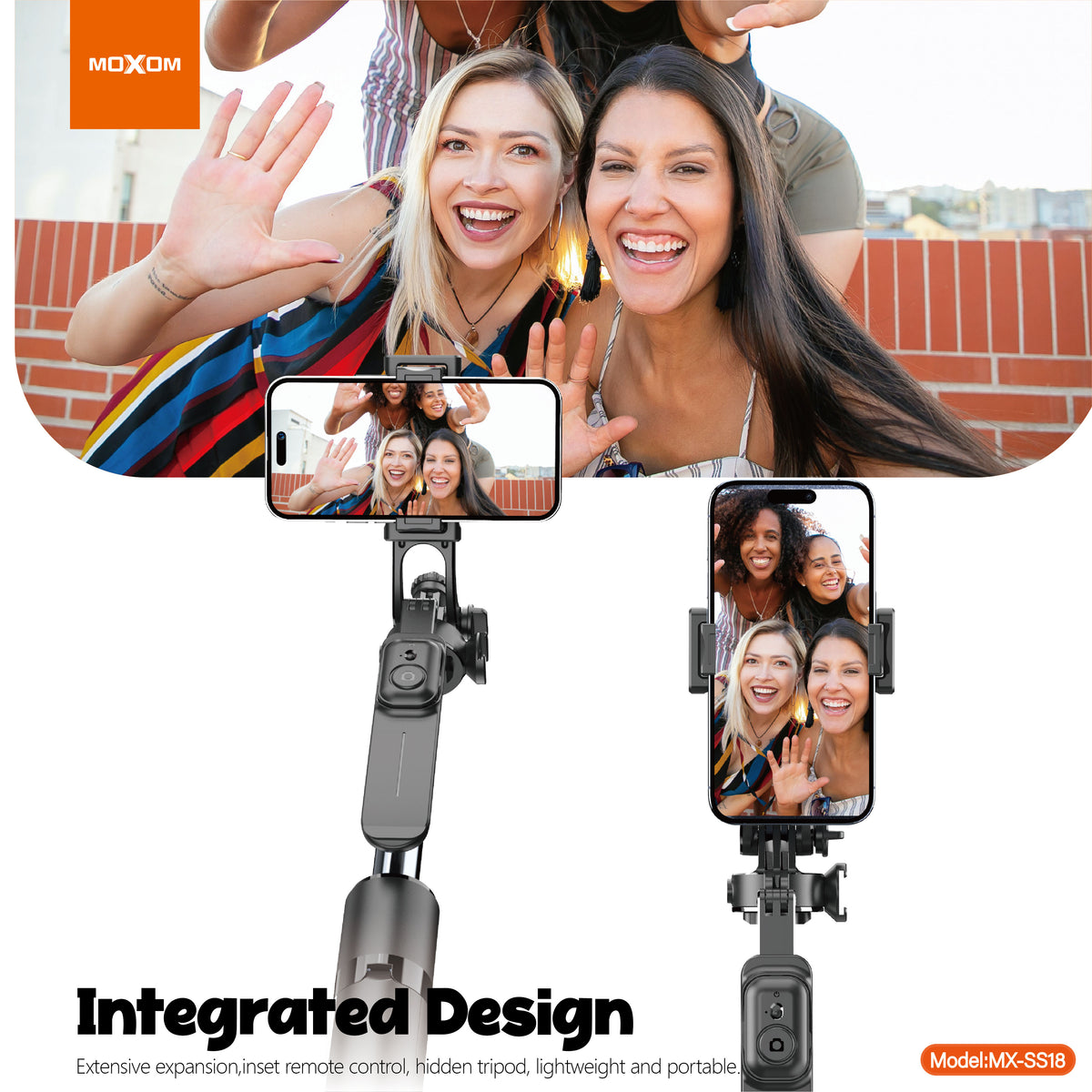 MOXOM MX-SS18 2-in-1 Selfie Stick Tripod – Extends to 2.1m, Anti-Shake, 360° Rotation, Bluetooth Remote