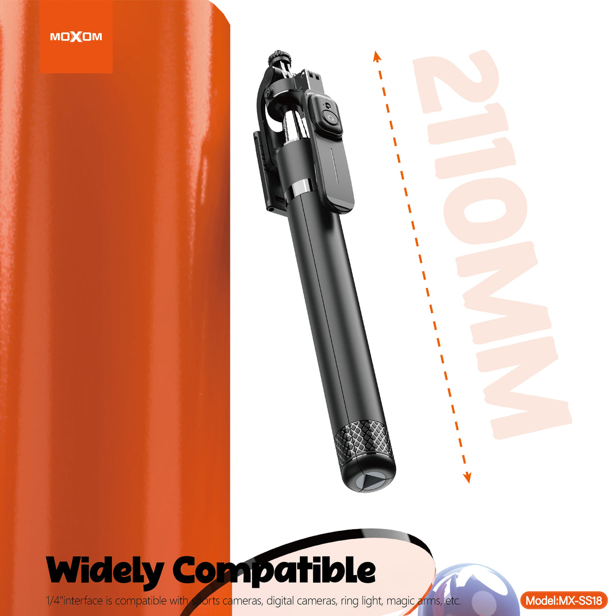 MOXOM MX-SS18 2-in-1 Selfie Stick Tripod – Extends to 2.1m, Anti-Shake, 360° Rotation, Bluetooth Remote