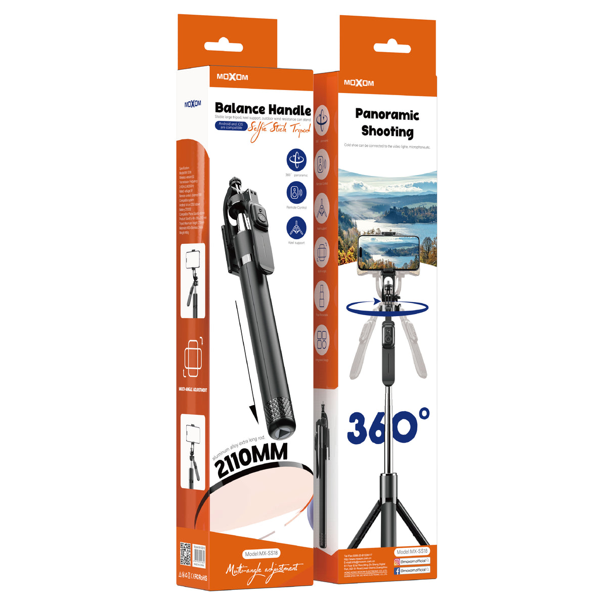 MOXOM MX-SS18 2-in-1 Selfie Stick Tripod – Extends to 2.1m, Anti-Shake, 360° Rotation, Bluetooth Remote