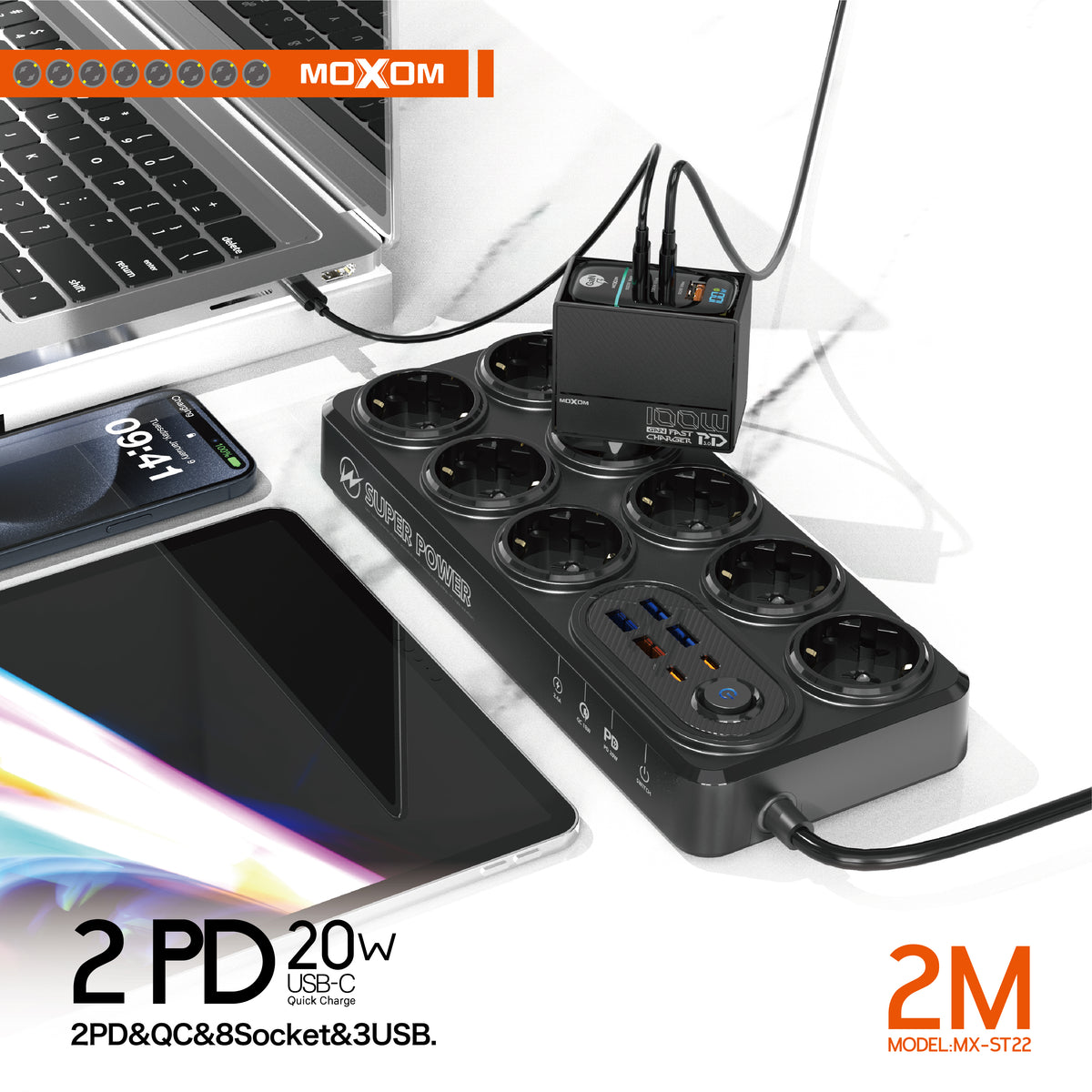 MOXOM MX-ST22 14-in-1 Power Strip – 8 AC Sockets, 4 USB-A, 2 Type-C, PD/QC Fast Charging, Surge Protected