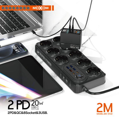 MOXOM MX-ST22 14-in-1 Power Strip – 8 AC Sockets, 4 USB-A, 2 Type-C, PD/QC Fast Charging, Surge Protected