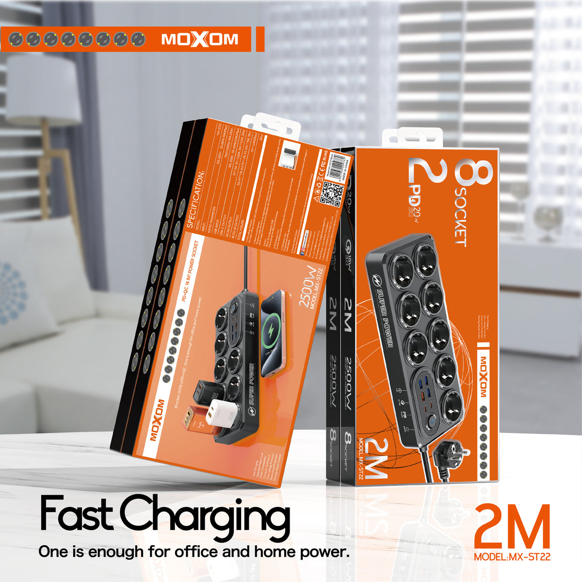 MOXOM MX-ST22 14-in-1 Power Strip – 8 AC Sockets, 4 USB-A, 2 Type-C, PD/QC Fast Charging, Surge Protected