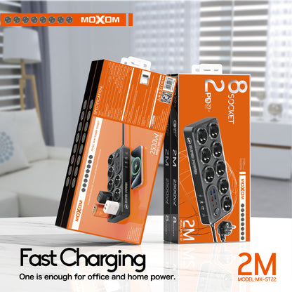 MOXOM MX-ST22 14-in-1 Power Strip – 8 AC Sockets, 4 USB-A, 2 Type-C, PD/QC Fast Charging, Surge Protected