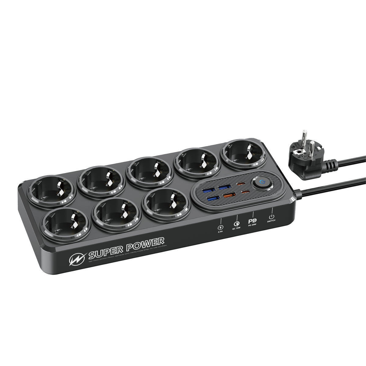 MOXOM MX-ST22 14-in-1 Power Strip – 8 AC Sockets, 4 USB-A, 2 Type-C, PD/QC Fast Charging, Surge Protected