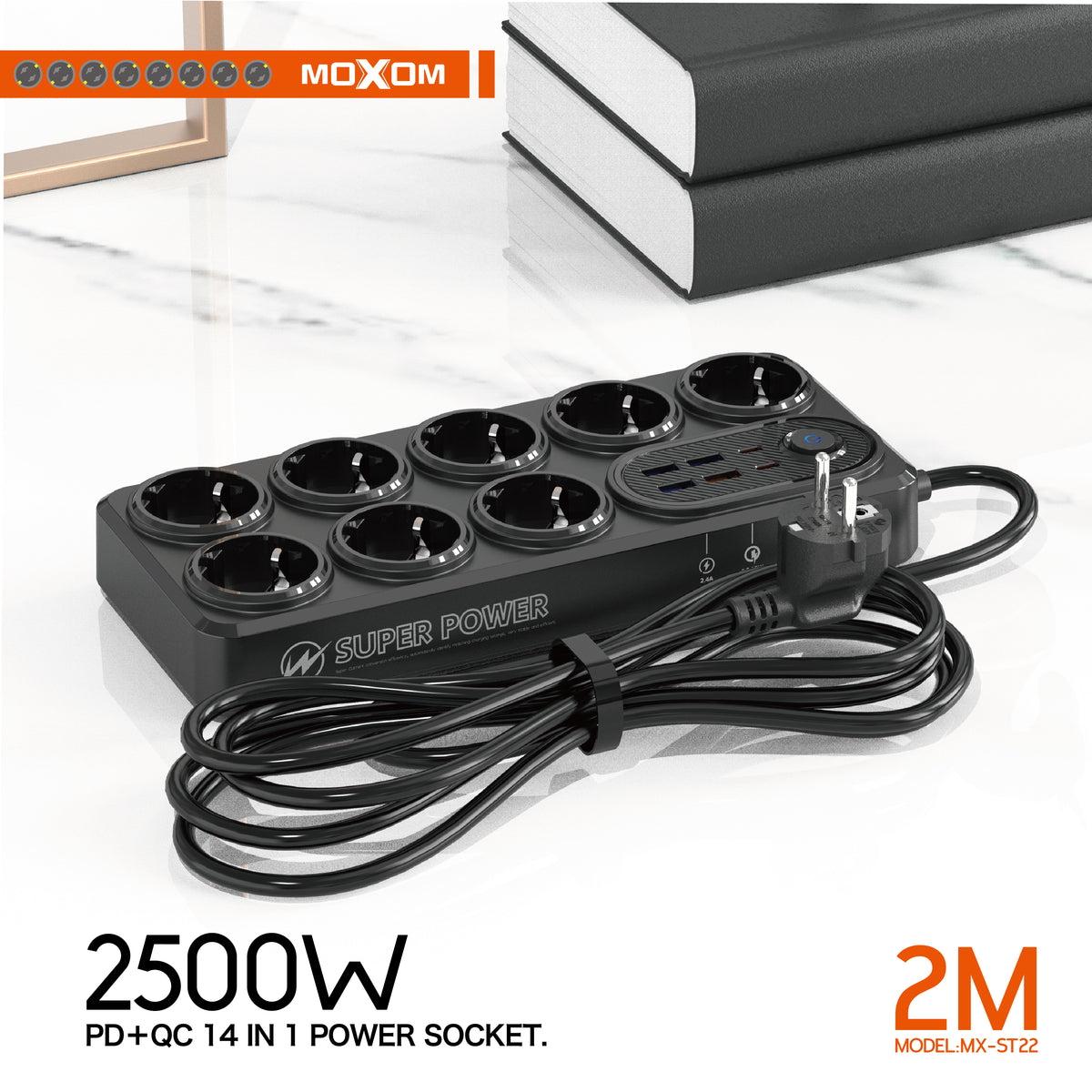 MOXOM MX-ST22 14-in-1 Power Strip – 8 AC Sockets, 4 USB-A, 2 Type-C, PD/QC Fast Charging, Surge Protected