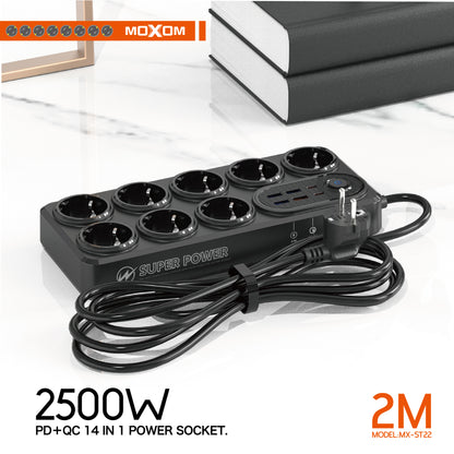 MOXOM MX-ST22 14-in-1 Power Strip – 8 AC Sockets, 4 USB-A, 2 Type-C, PD/QC Fast Charging, Surge Protected