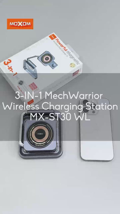 MOXOM MX-ST30 3-in-1 Foldable Magnetic Wireless Charger – Phone, Earbuds & Watch, Travel Stand
