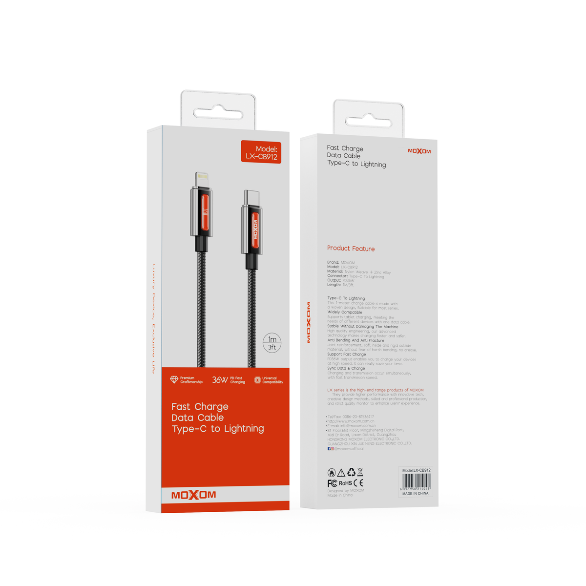 MOXOM LX-CB912 USB-C to Lightning Cable – 36W PD Fast Charging, Nylon Braided, Zinc Alloy, 1m